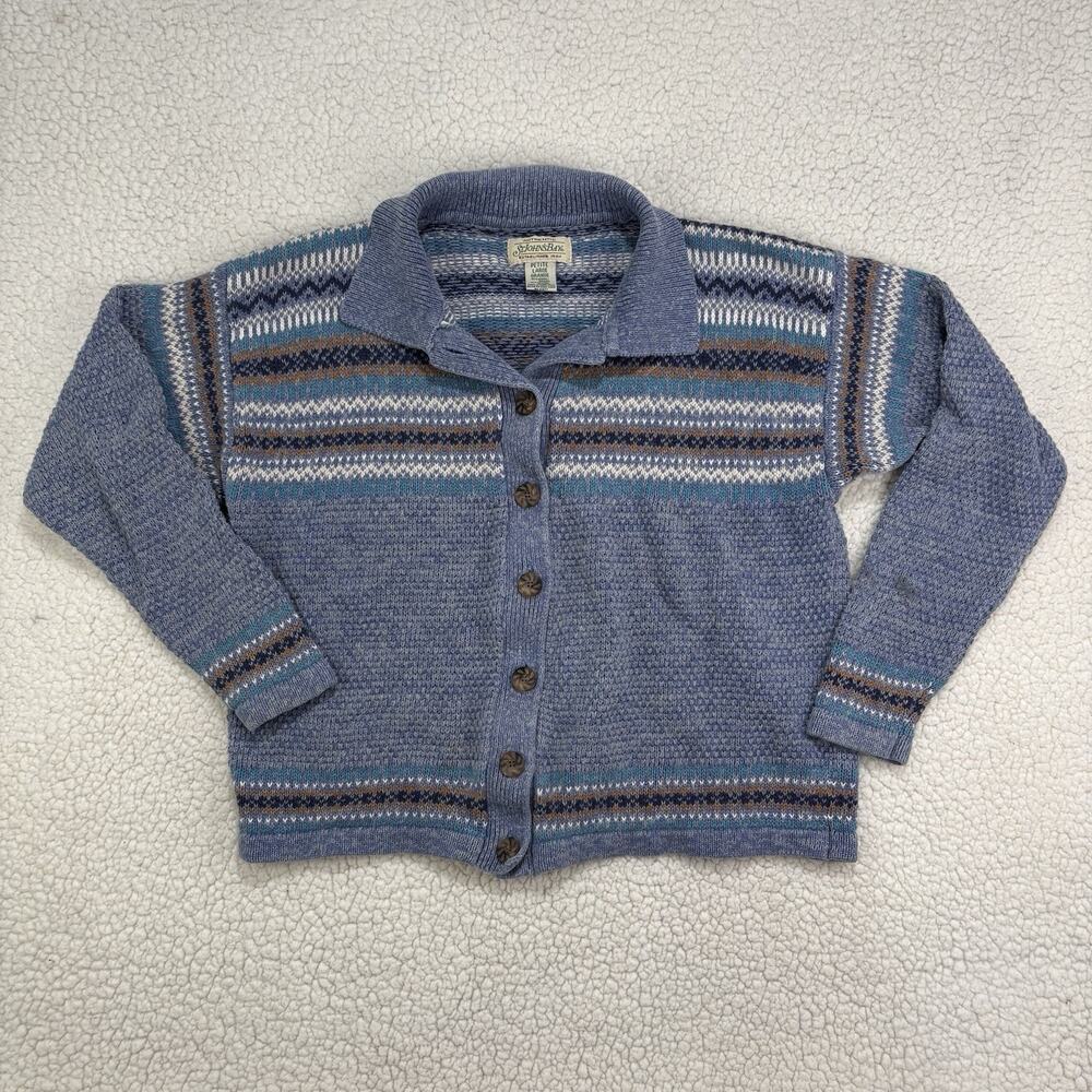 Vtg 90s St. Johns Bay Womens Petite Large Blue Fair Isle Nordic Sweater Cardigan